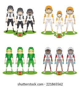 a set of football players with colored uniforms on a white background