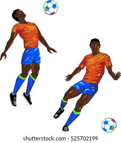 Set of football players in motion with balls. Vector sport illustration