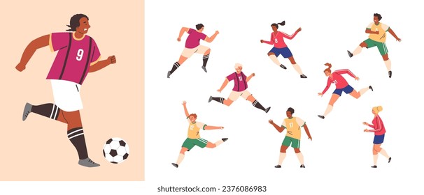 Set of football players running and kicking ball, flat vector illustration isolated on white background. Male and female soccer players in different poses. Sports game concept.