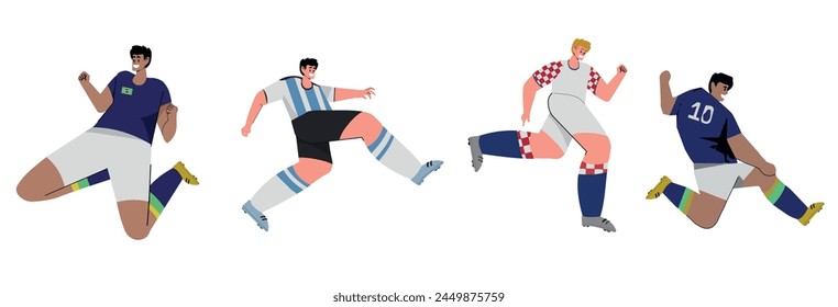 Set of football players. Sportsmen playing football, running with ball. Athlete characters in motion, kicking, stamping their foot. Flat vector illustration isolated on white background