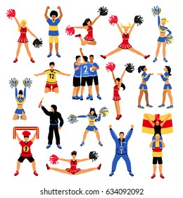 Set of football players, trainer, fans with scarf and flag, girls cheerleaders with pompoms isolated vector illustration  