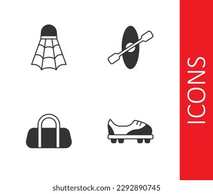 Set Football shoes, Badminton shuttlecock, Sport bag and Kayak and paddle icon. Vector