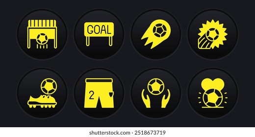 Defina sapatos de futebol, futebol americano, Shorts para jogar, Goal futebol, e gol com ícone. Vetor