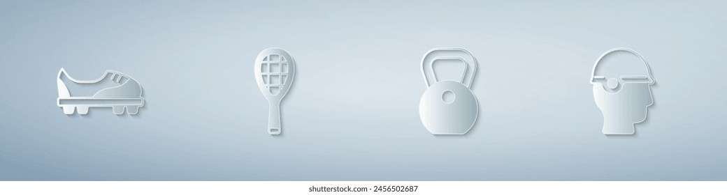 Set Football shoes, Tennis racket, Weight and Baseball helmet. Paper art style. Vector