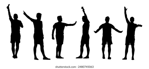 Set of football soccer arbitrator and referee silhouettes. Black, men in motion, showing different gestures.