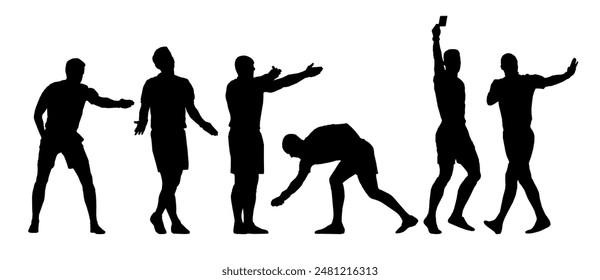 Set of football soccer arbitrator and referee silhouettes. Black, men in motion, showing different gestures.