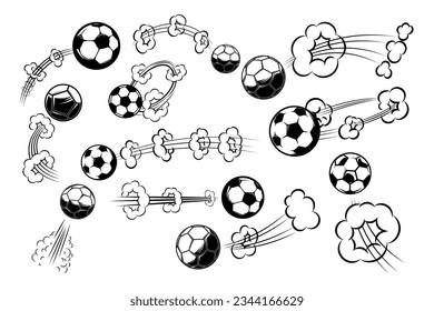 Set of football, soccer balls with motion trails in comic style. Design element for poster, banner, flyer, card.