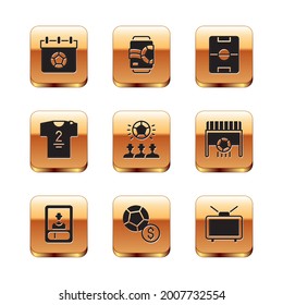 Set Football or soccer calendar, card, Soccer football, jersey and t-shirt, field, match on TV and Beer can icon. Vector