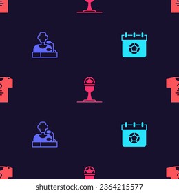 Set Football or soccer calendar, player press conference, Award cup and football and jersey t-shirt on seamless pattern. Vector