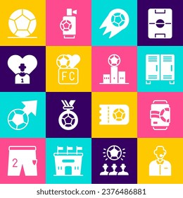 Set Football or soccer commentator, Beer can, Locker changing room, Soccer football, Fan club, player,  and Award over sports winner podium icon. Vector