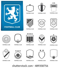 Set of football or soccer crest on blue tag in flat design. Football logo emblem. Football badge. Vector Illustration. 