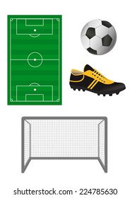 Set of football or soccer elements - football field, soccer ball, football boots and soccer goal