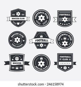 Set of football or soccer emblems, labels and badges with ribbon banners, laurel wreaths, circular frame, crown and text 