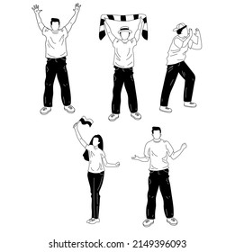 Set of football, soccer fans characters with black solid outline. People in motion in different positions.