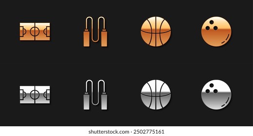 Set Football or soccer field, Jump rope, Basketball and Bowling icon. Vector