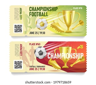 Set Of Football Soccer Game Admission Tickets Or Gift Certificates With Golden Cup Boot And Horn 3d Illustration