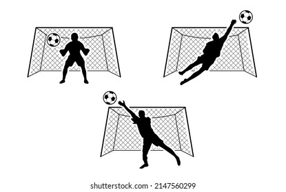 Set of football, soccer goalkeepers in motion. Players silhouette catching the ball. Lively figures in different poses in the gate.