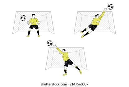 Set of football, soccer goalkeepers in motion.  Flat cartoon minimalistic players in black and yellow colours. Lively figures in different poses in the gate.