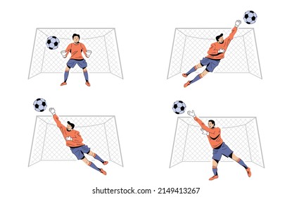 Set of football, soccer goalkeepers in motion.  Flat cartoon players with black solid shadow. Lively figures in different poses in the gate.