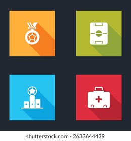 Set Football or soccer medal, field, Award over sports winner podium and First aid kit icon. Vector