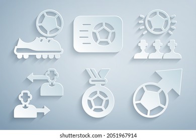 Set Football or soccer medal, Soccer football, Substitution player,  and shoes icon. Vector
