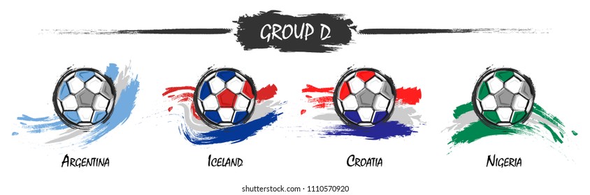 Set of football or soccer national team group D . Watercolor paint art design . Vector for international world championship tournament cup 2018 .