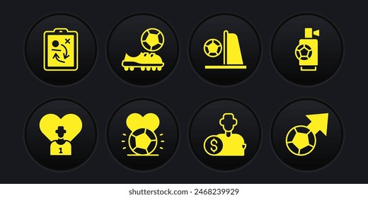 Set Football or soccer player, Air horn, Soccer football, Buy, goal with, shoes,  and Planning strategy concept icon. Vector