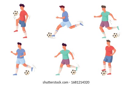 Juego de personajes de fútbol o de futbol en diferentes acciones. Ilustración vectorial al estilo de las caricaturas planas.