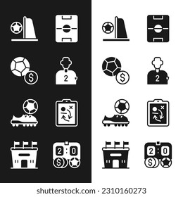 Set Football or soccer player, Soccer football, goal with, field, shoes, Planning strategy concept, betting money and stadium icon. Vector