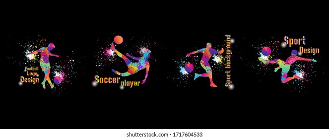 Set of football, Soccer player kick the goal. Colorful sport background. Graphic eps for logo, brochures. Vector illustration.