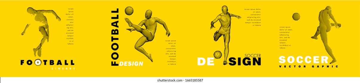 A set of football, soccer players drawing by lines with text. Creative sport concept. Art vector graphic for brochures, flyers, presentations, logo, print, web