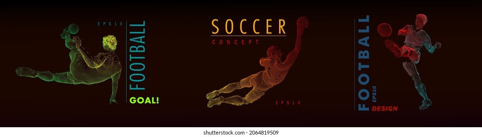 A set of football, soccer players drawing by color lines with text. Creative sport concept. Art vector graphic for brochures, flyers, presentations, logo, print, web