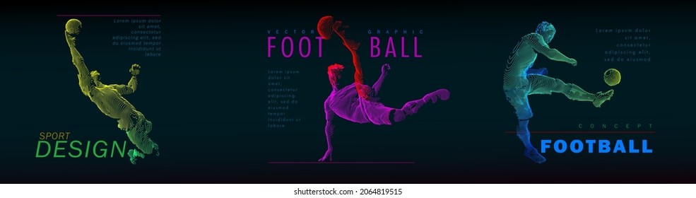 A set of football, soccer players drawing by color lines with text. Creative sport concept. Art vector graphic for brochures, flyers, presentations, logo, print, web