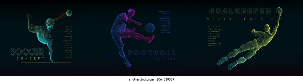 A set of football, soccer players drawing by color lines with text. Creative sport concept. Art vector graphic for brochures, flyers, presentations, logo, print, web