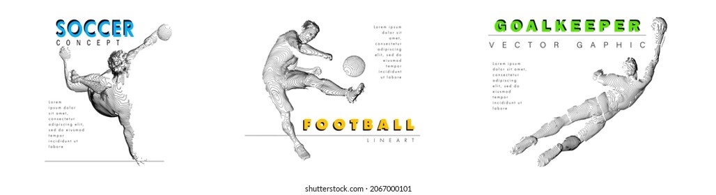 A set of football, soccer players drawing by lines with text. Creative sport concept. Art vector graphic for brochures, flyers, presentations, logo, print, web