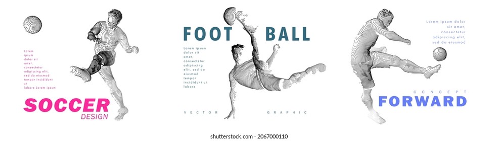 A set of football, soccer players drawing by lines with text. Creative sport concept. Art vector graphic for brochures, flyers, presentations, logo, print, web