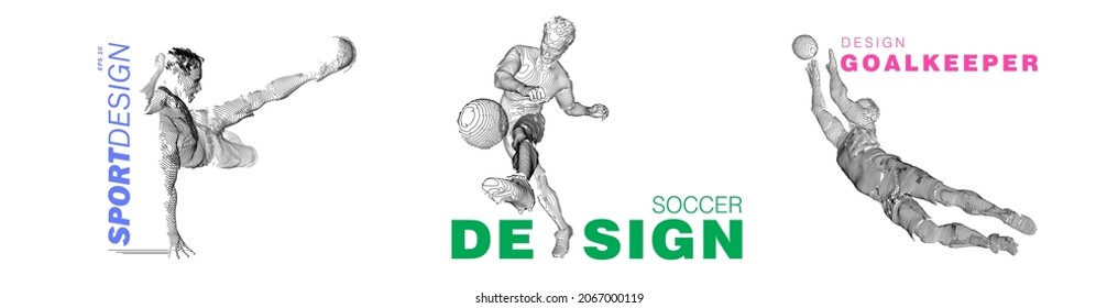 A set of football, soccer players drawing by lines with text. Creative sport concept. Art vector graphic for brochures, flyers, presentations, logo, print, web