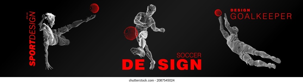 A set of football, soccer players drawing by white lines with text on dark-gray background