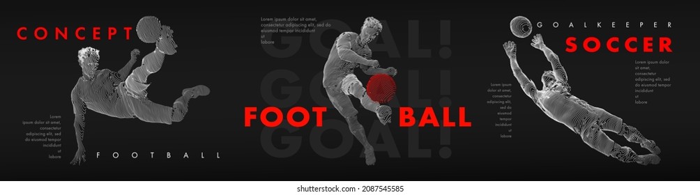 A set of football, soccer players drawing by white lines with text on dark-gray background