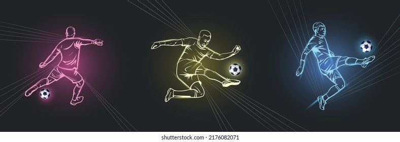 
a set of football soccer players line drawing on black background. Color linear soccer player illustration for sport banner.