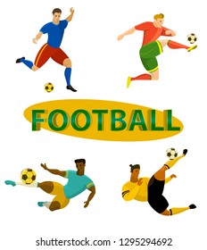 Set of football (soccer) players vector illustrations and 3d title word 