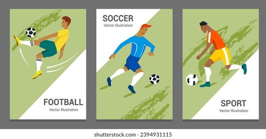 Set of football (soccer) postcards. Football  art in modern flat style. Vector templates for card, poster, flyer, banner. 