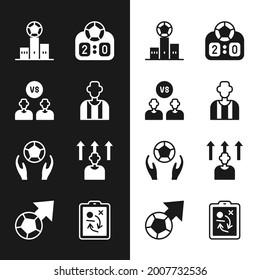 Set Football or soccer referee, player, Award over sports winner podium, Sport mechanical scoreboard, Soccer football, Planning strategy concept and icon. Vector