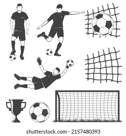 Set of football, soccer sports equipment and player silhouettes. Vector illustration. Collection include soccer ball, gate, player and net silhouette.