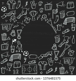 Set of football, sport, soccer doodles on chalkboard. Hand drawn sketched. Vector Illustration. 