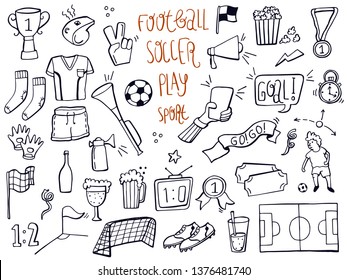 Set of football, sport, soccer icon doodles. Hand drawn sketched. Vector Illustration. 