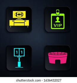 Set Football stadium, American football on tv program and stand, Sport football mechanical scoreboard and result display and VIP badge. Black square button. Vector