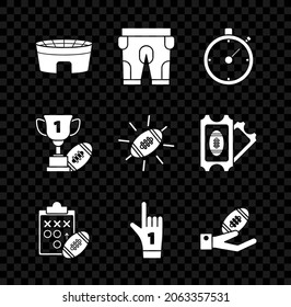 Set Football stadium, American football shorts, Stopwatch, Planning strategy concept, Number 1 one fan hand glove with finger raised, Award cup and  icon. Vector