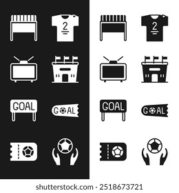 Set Football stadium, match on TV, goal, jersey and t-shirt, Goal soccer football, Soccer and or ticket icon. Vector