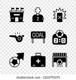 Set Football stadium, or soccer player, Red card football, Soccer, First aid kit, goal with, Whistle and Goal icon. Vector